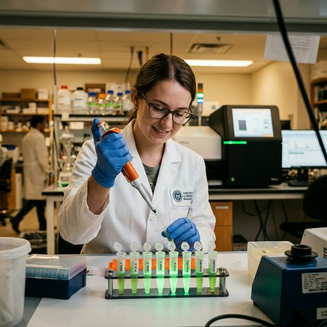 Molecular biology laboratory: scientist using micropipette with fluorescent DNA samples for GC content analysis
