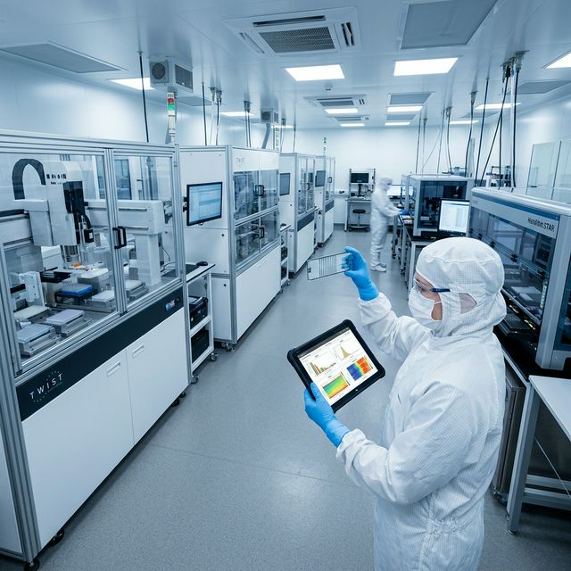 Scientist in a cleanroom examining NGS flow cell and quality control metrics on a tablet