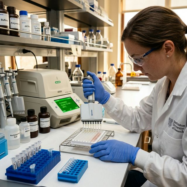 Scientist setting up a PCR experiment in a molecular biology laboratory